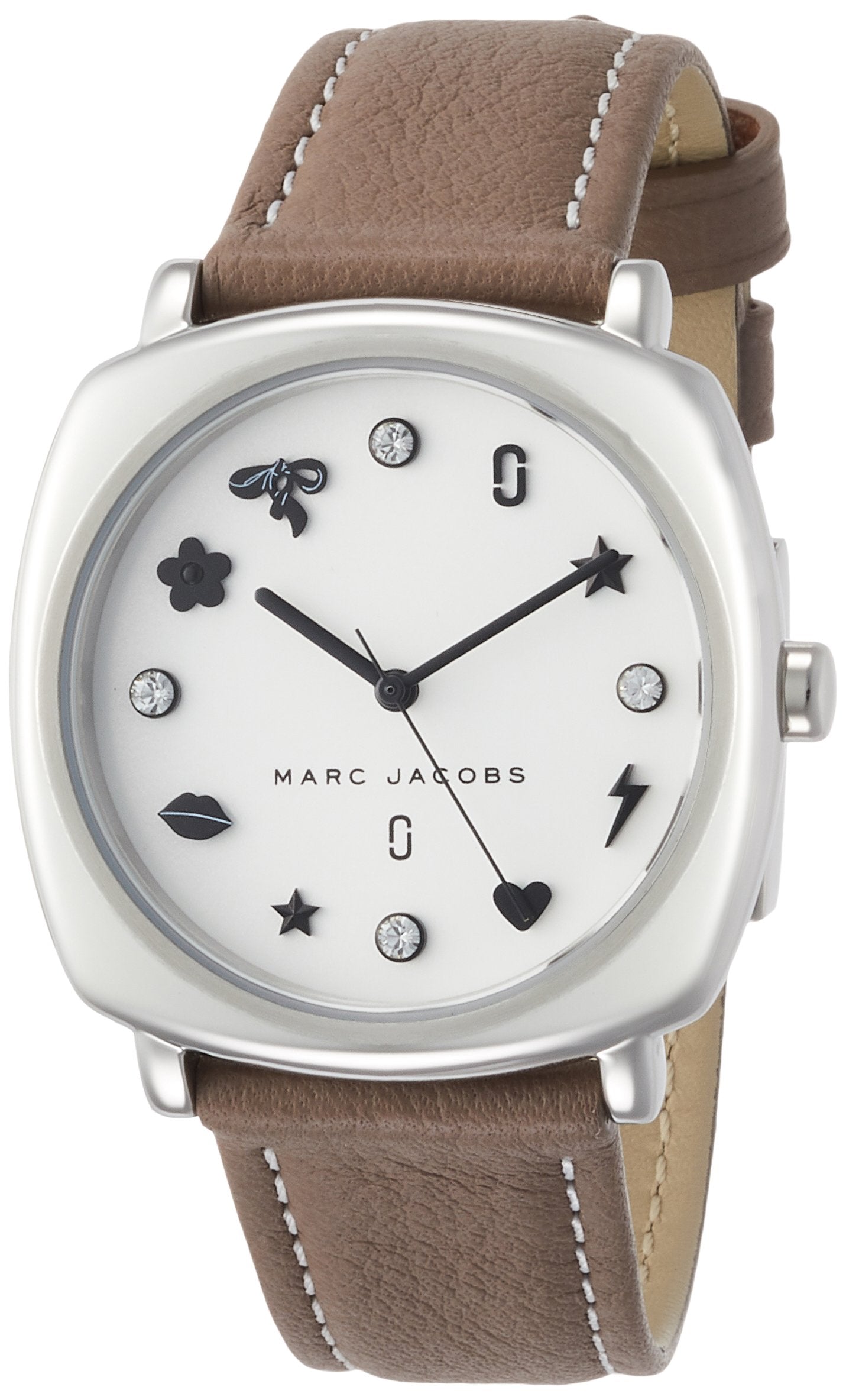 Marc Jacobs Mandy watch angled view with silver case, brown strap, and white dial