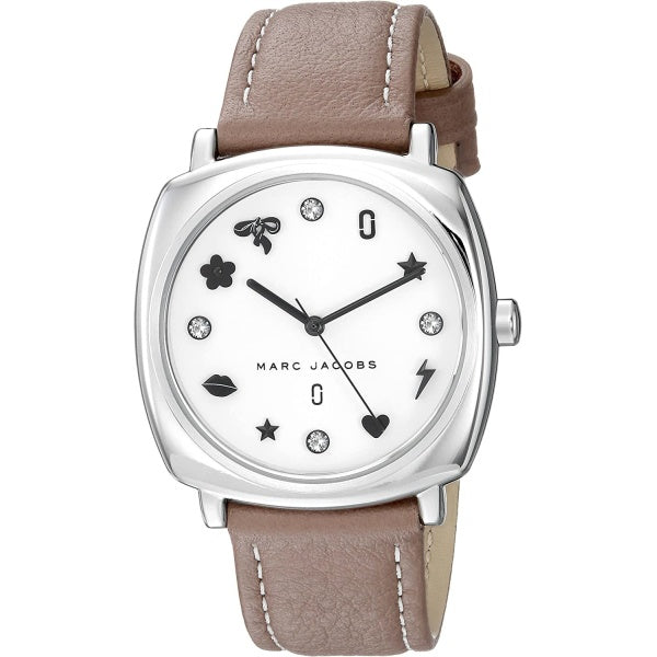 Marc Jacobs Mandy watch three-quarter view showing silver case and brown leather strap