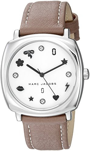 Marc Jacobs Mandy watch front view with silver dial and decorative symbol markers