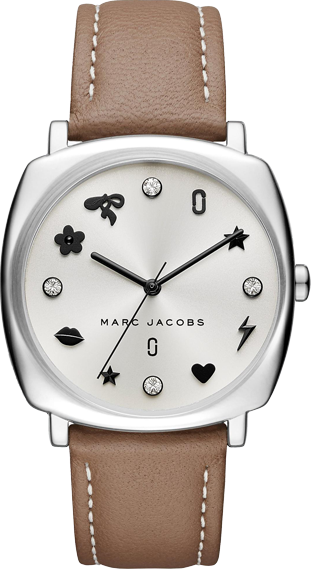 Marc Jacobs Mandy women's watch with silver dial, brown leather strap, icon markers