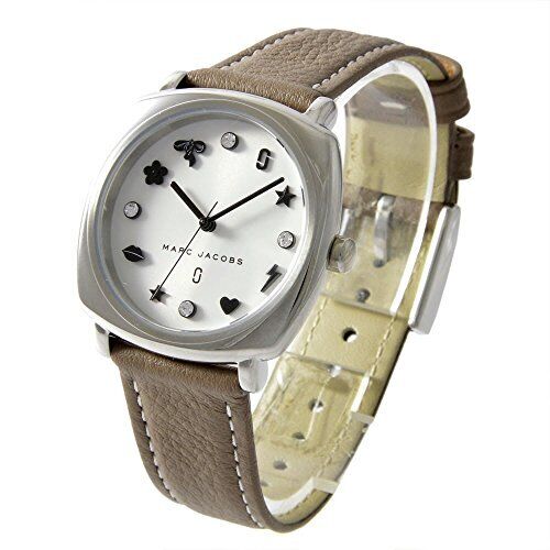 Marc Jacobs Mandy watch worn on wrist showing brown leather strap and silver case