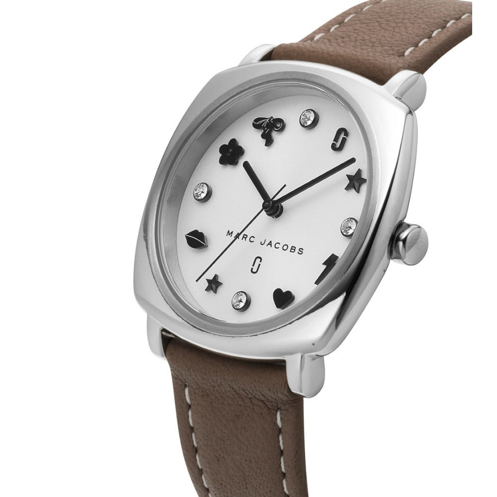 Marc Jacobs Mandy watch side profile showing square case and brown leather strap