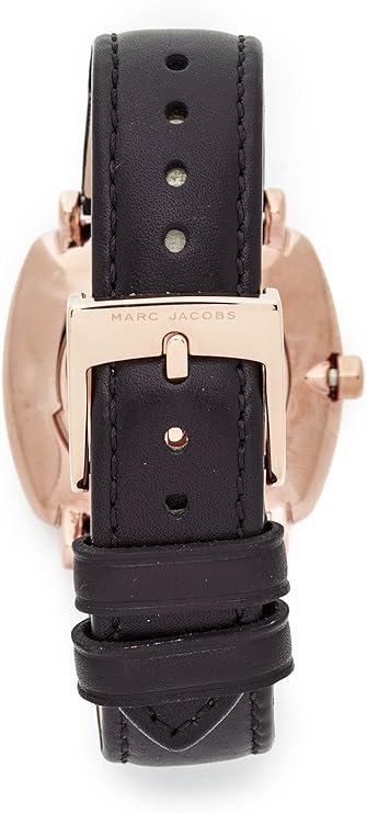 Marc Jacobs Mandy watch caseback showing rose gold case and black leather strap detail