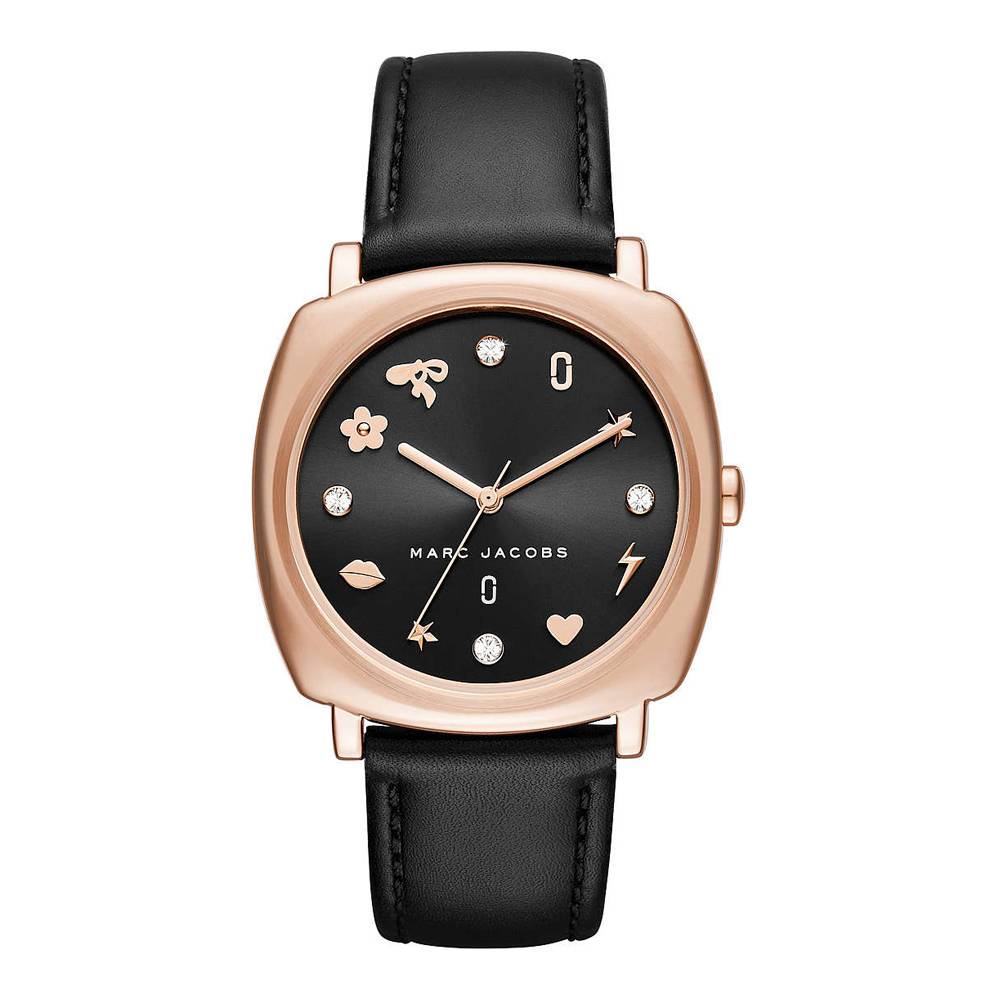 Marc Jacobs Mandy women's watch with black dial, rose gold case, and black leather strap