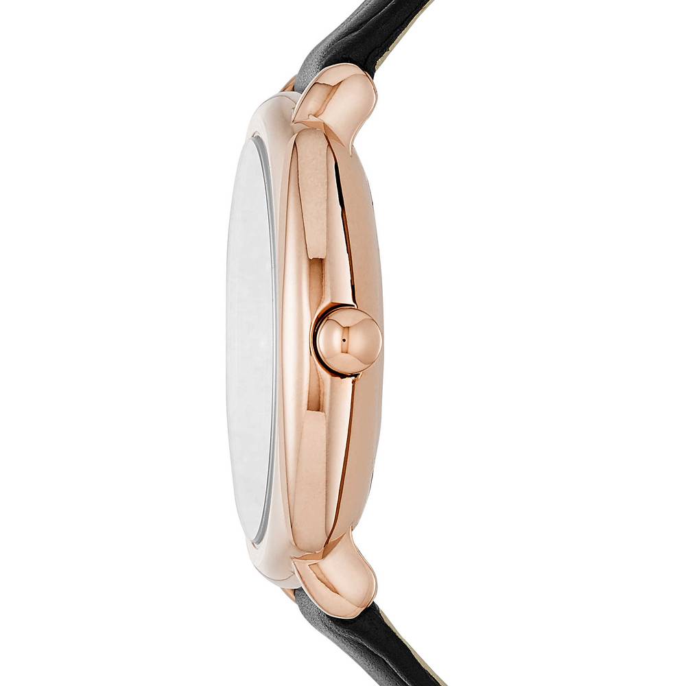 Marc Jacobs Mandy watch side view showing rose gold case thickness and black strap