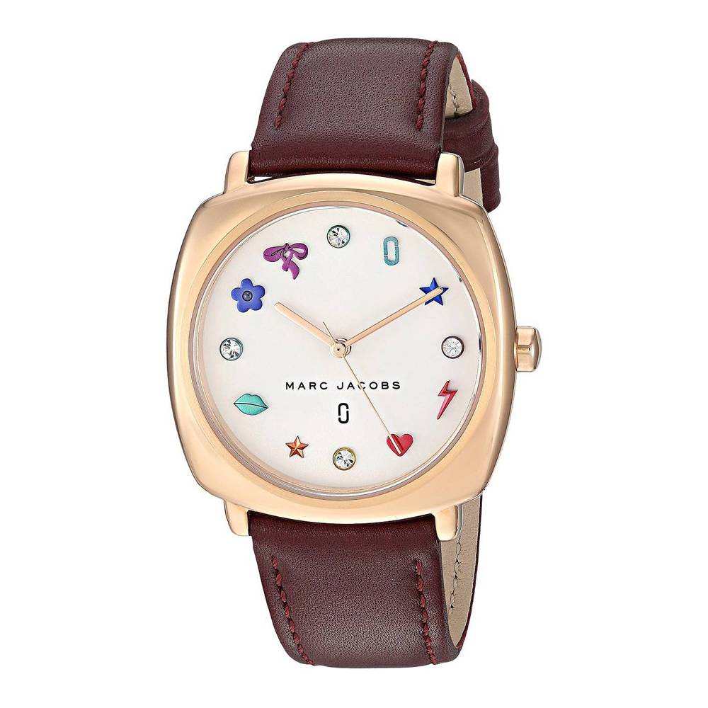 Marc Jacobs Mandy women's watch with white dial, rose gold case, and brown leather strap