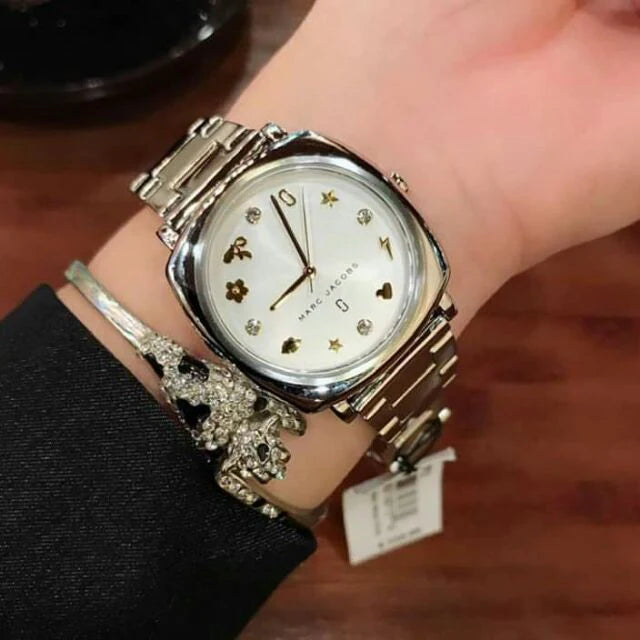 Marc Jacobs Mandy MJ3572 worn on wrist with stainless steel bracelet and cream dial face