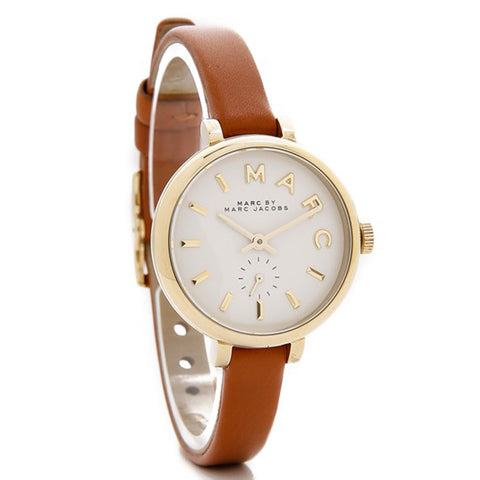 Sally women's watch with brown leather strap and gold-tone case at angle