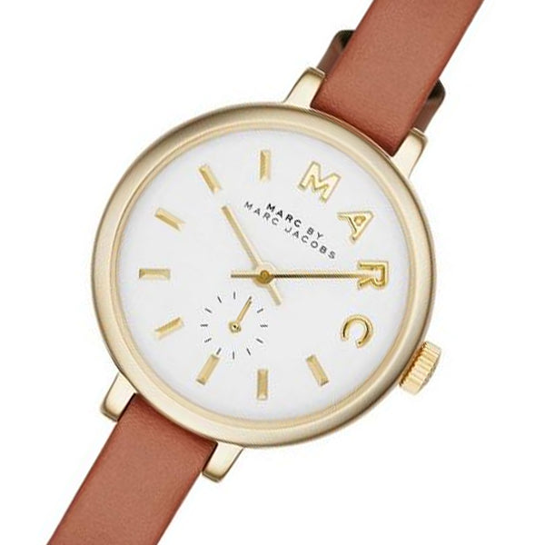 Sally watch front view showing white dial, gold hands, markers and brown leather band