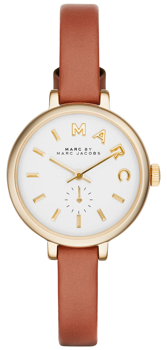 Marc by Marc Jacobs Sally women's watch with white dial, gold-tone case, brown leather strap