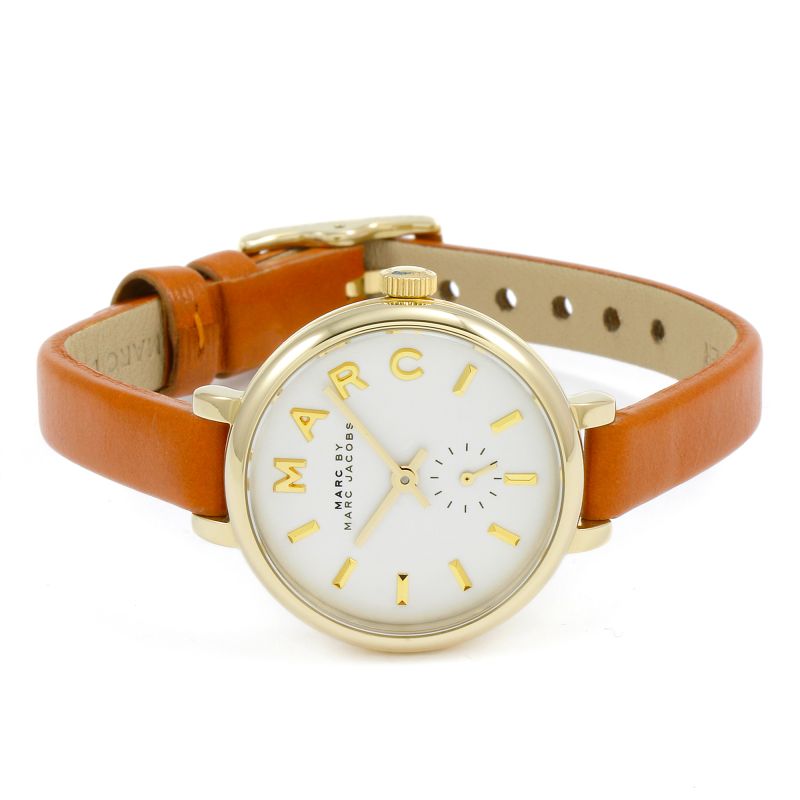 Marc by Marc Jacobs Sally watch displayed on wrist with brown leather strap
