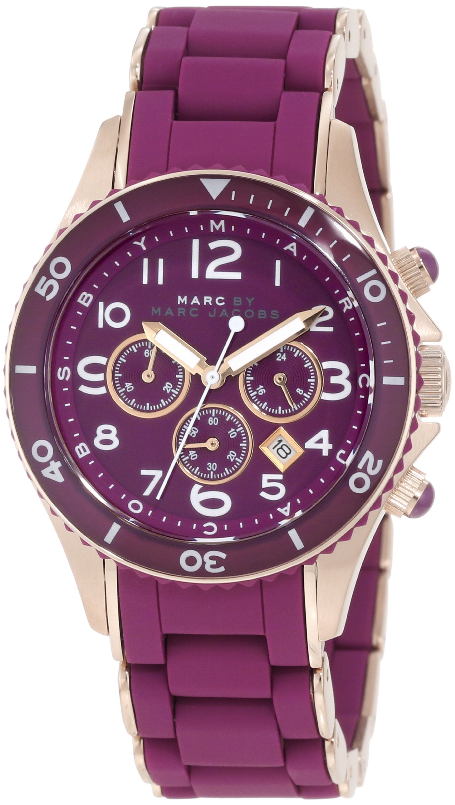 Marc Jacobs Rock purple chronograph watch at angle showing dial and strap design