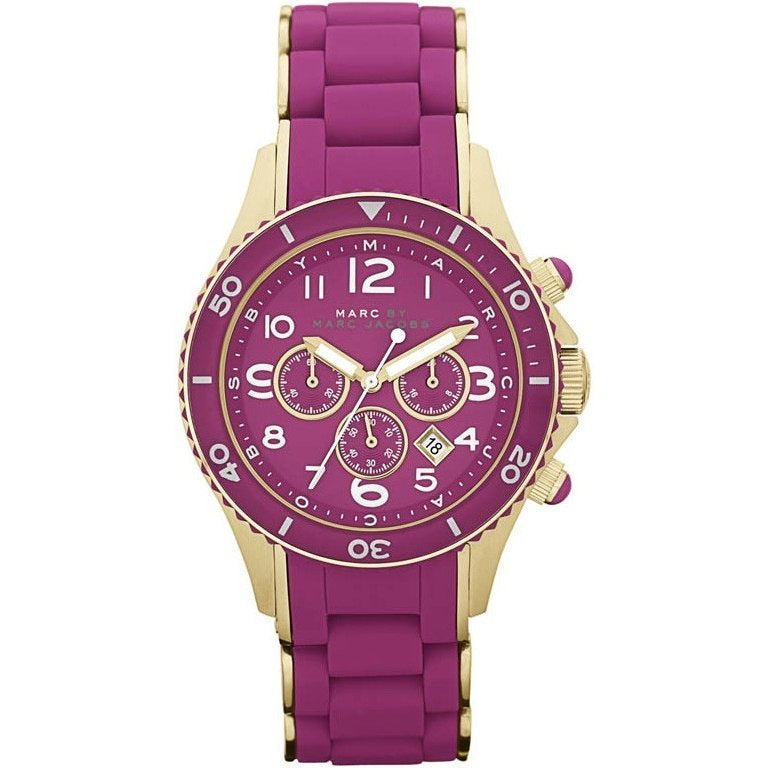 Marc Jacobs Rock MBM2576 purple chronograph watch with gold-tone case and purple silicone strap