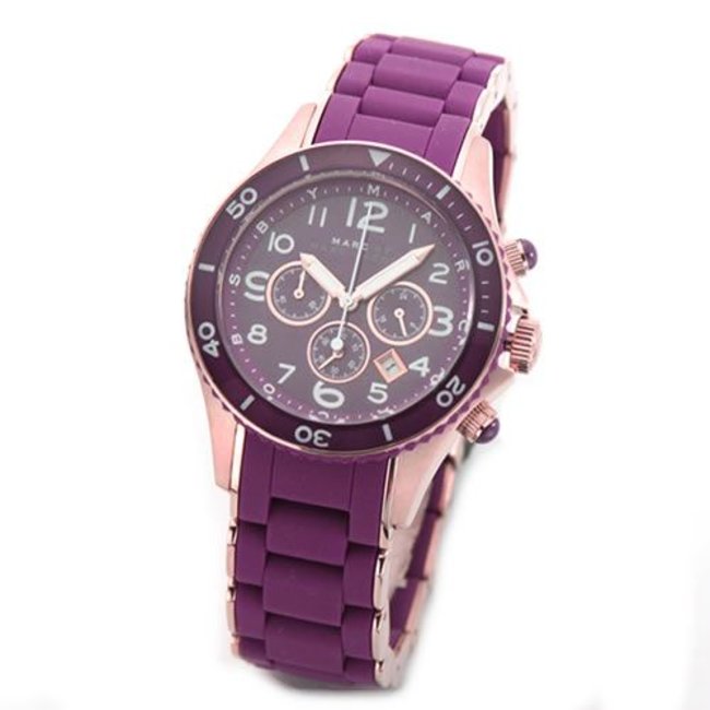 Marc Jacobs Rock purple chronograph watch on wrist with purple silicone strap