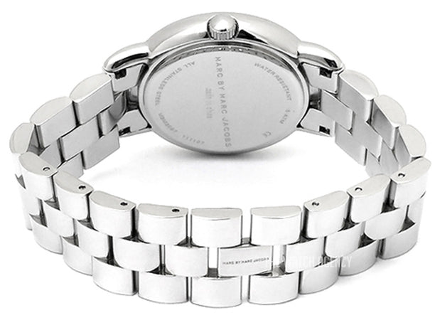 Back view of watch showing stainless steel case and engraved caseback