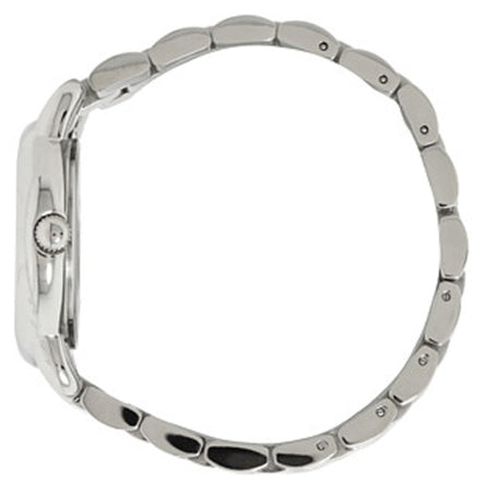 Side view of stainless steel bracelet with polished links and closure