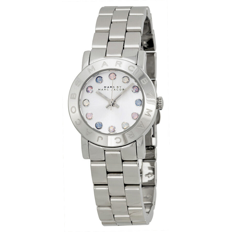 Side angle view of Amy Dexter watch showing white dial with colored hour markers and steel bracelet