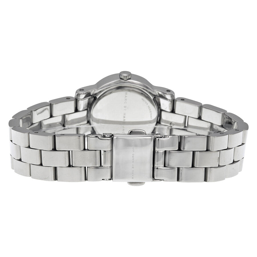 Caseback view of Amy Dexter MBM3217 showing stainless steel bracelet and crown