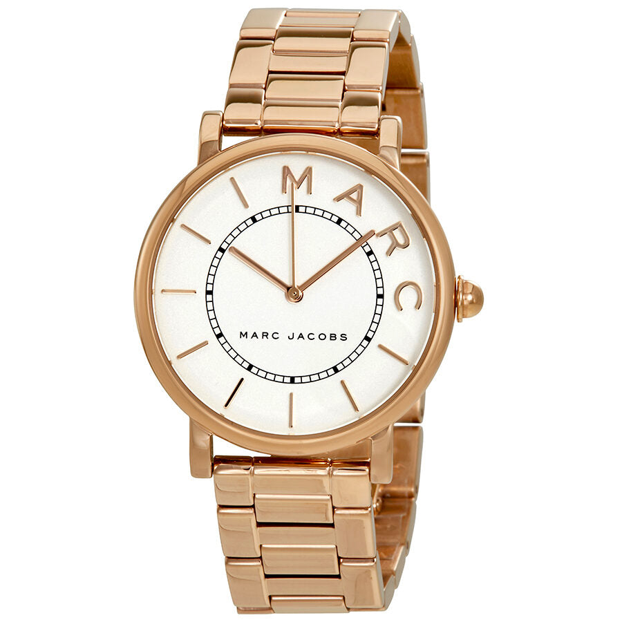 Marc Jacobs MJ3523 rose gold watch shown at an angle displaying dial and strap