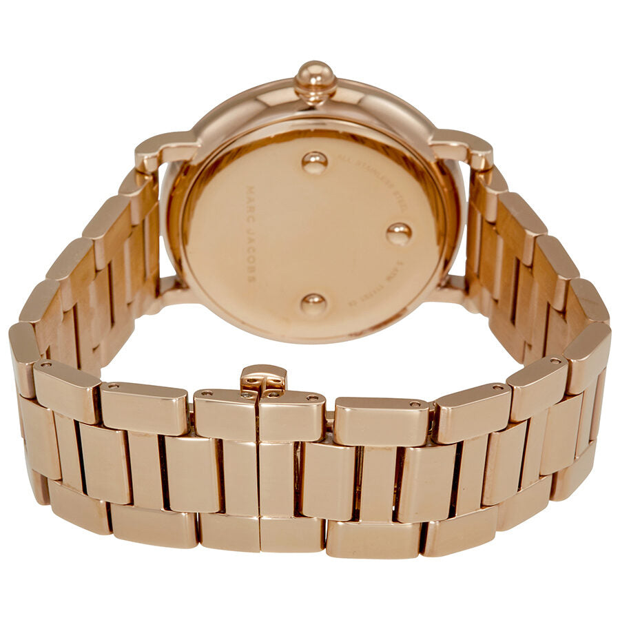 Marc Jacobs MJ3523 caseback showing rose gold stainless steel plate and band