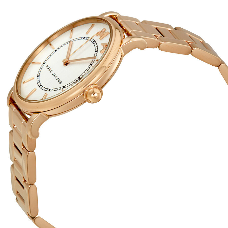 Marc Jacobs MJ3523 watch side profile showing rose gold case and stainless steel strap