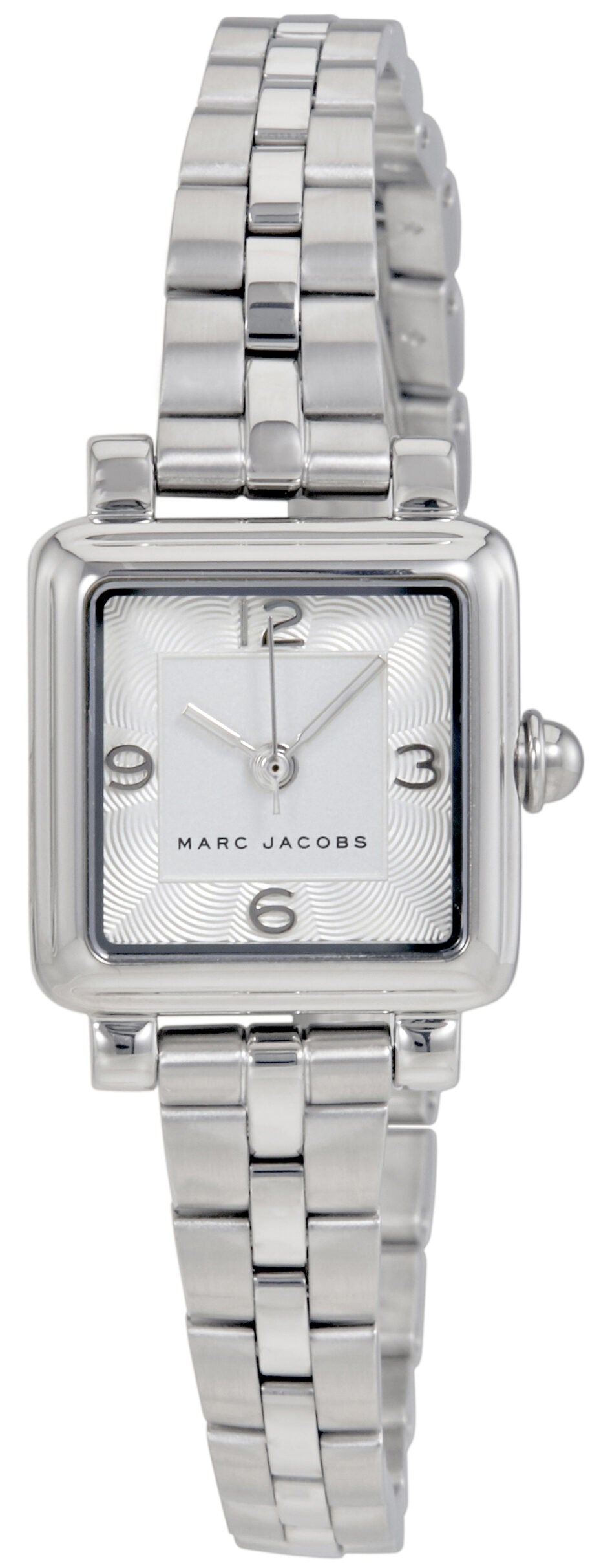 Marc Jacobs MJ3529 women's square watch silver dial and stainless steel band, front angle