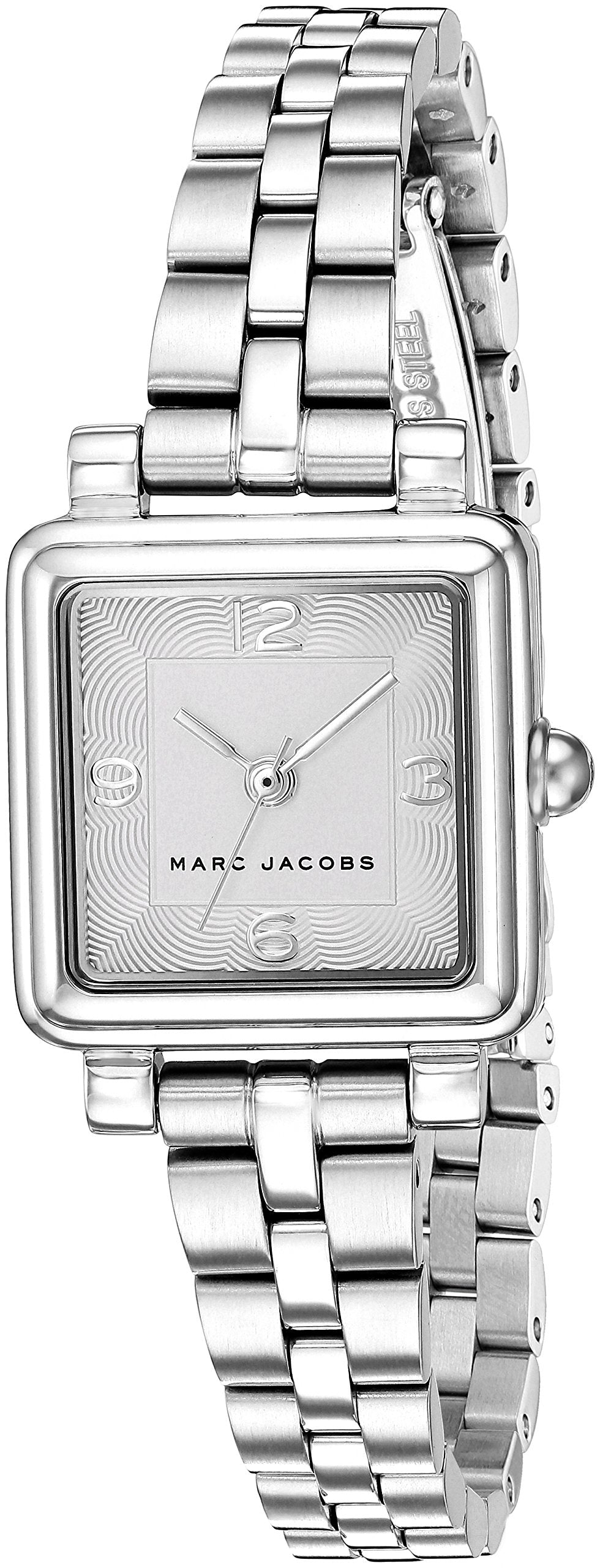 Marc Jacobs MJ3529 square watch with textured silver dial and steel bracelet, angled side view