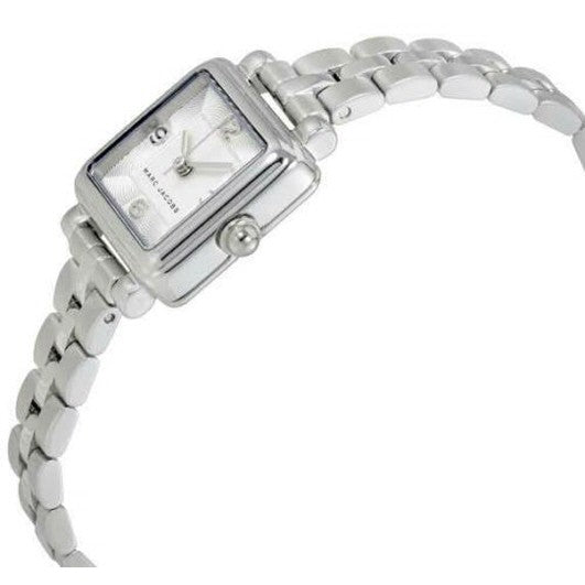 Marc Jacobs MJ3529 square watch worn on wrist, showing silver dial and stainless steel band