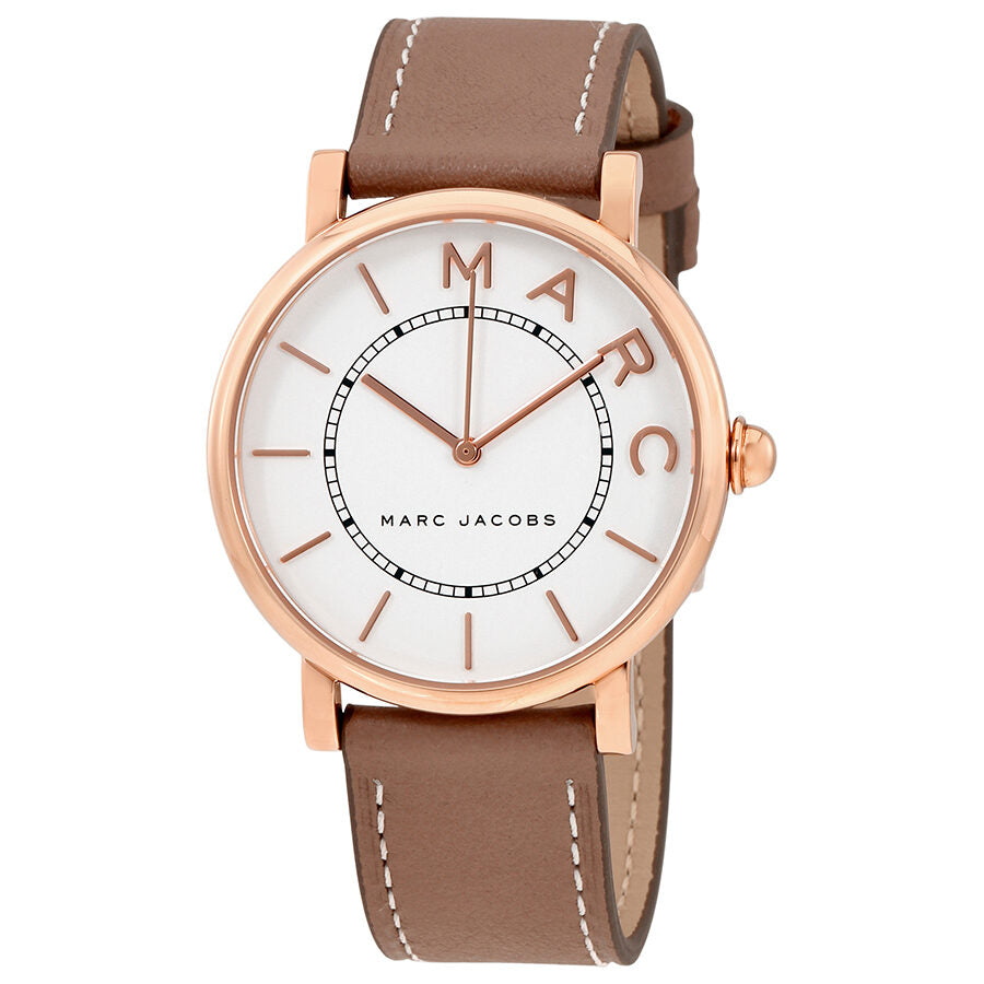 Marc Jacobs Roxy silver dial watch with rose gold markers on cream dial and cement leather band