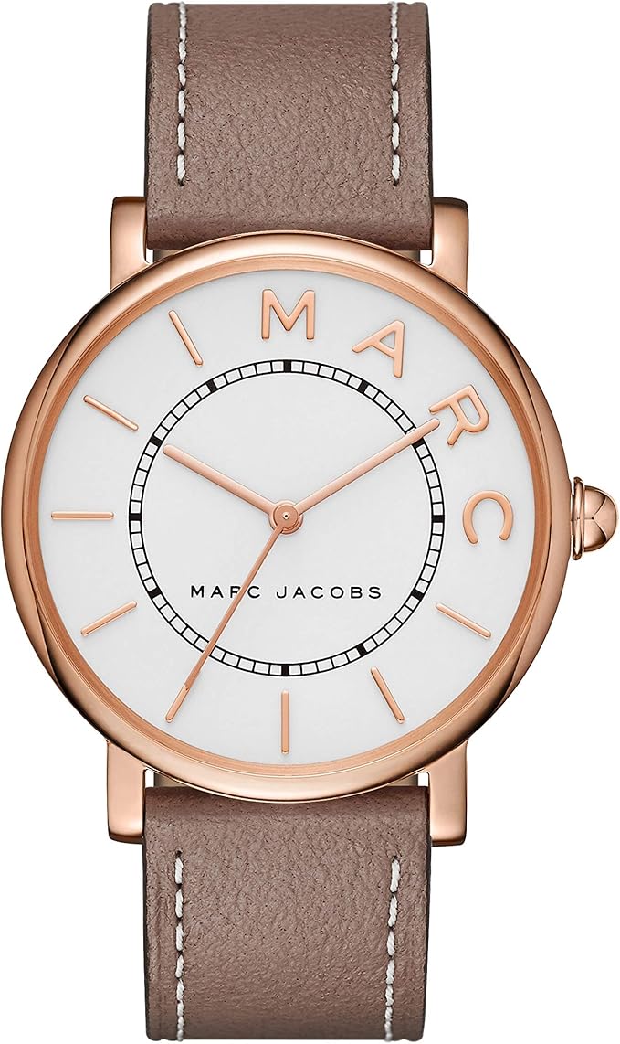 Marc Jacobs Roxy watch with silver dial, rose gold case, and cement leather strap