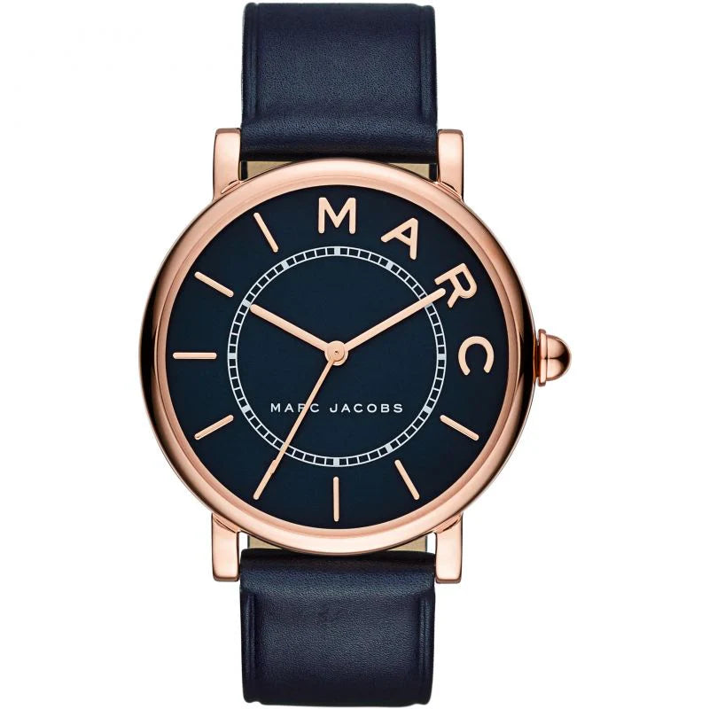 Marc Jacobs Roxy MJ1534 navy blue dial watch with rose gold case and navy leather strap