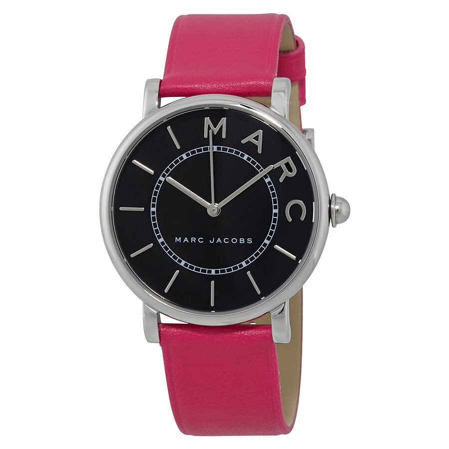 Marc Jacobs Roxy MJ1535 with black dial and pink leather strap, side angle view