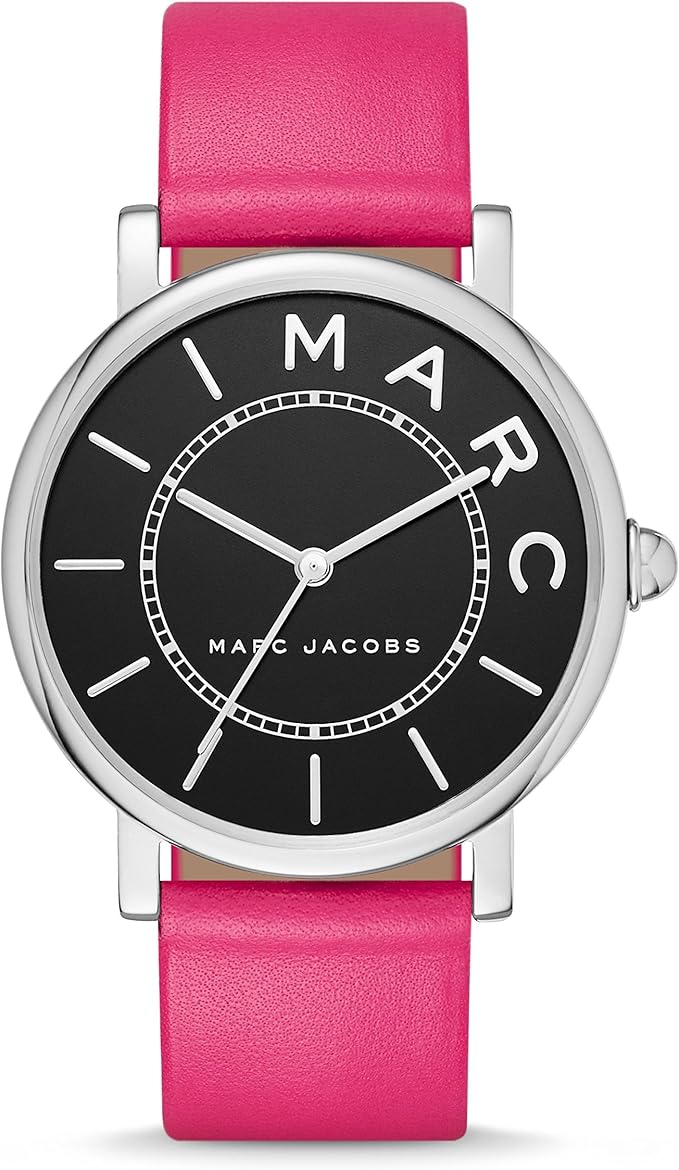 Marc Jacobs Roxy watch with black dial, silver MARC lettering, pink leather strap