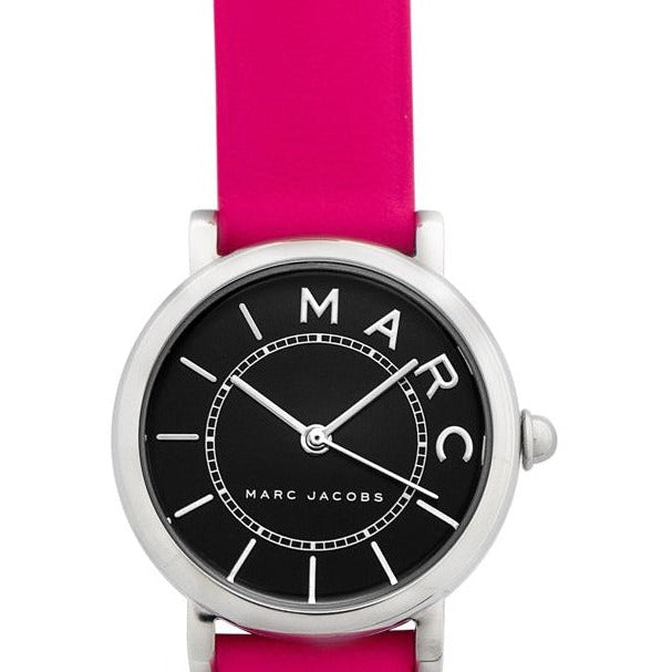 Black dial detail of Marc Jacobs Roxy watch with MARC branding
