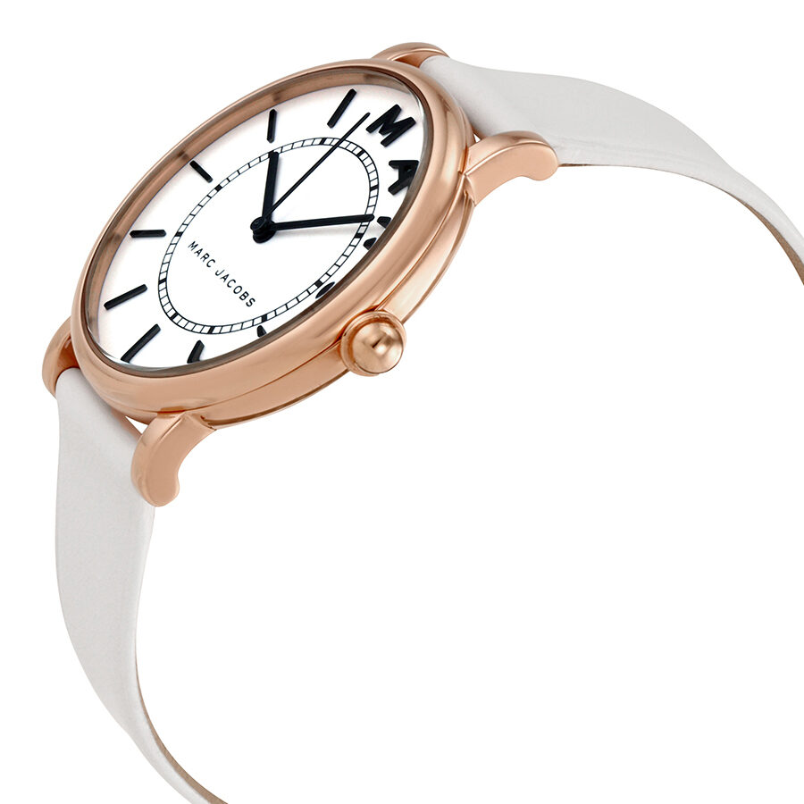 Side view of Marc Jacobs Roxy watch showing rose gold case and white strap