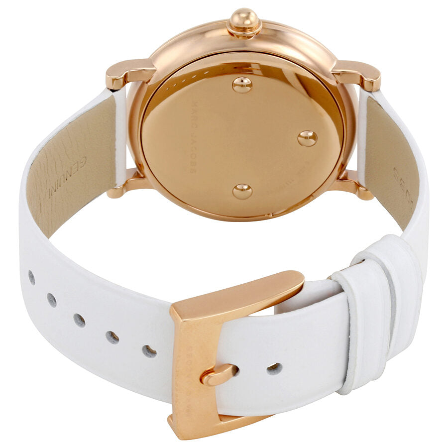 Caseback of Marc Jacobs Roxy watch showing rose gold case interior