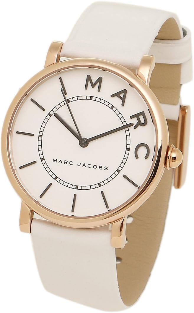 Marc Jacobs Roxy watch on wrist with white leather strap and rose gold case