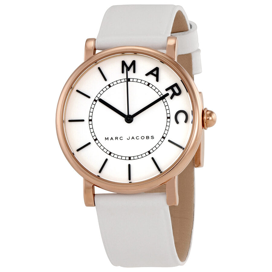 Marc Jacobs Roxy watch with rose gold case and white leather strap at three-quarter angle