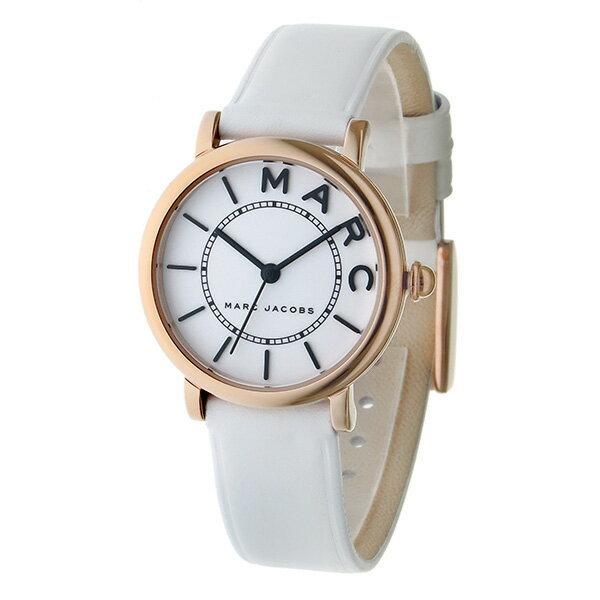 Marc Jacobs Roxy watch at angle showing white leather strap and rose gold case