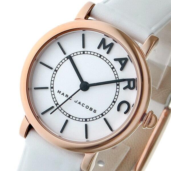 Close-up dial view of Marc Jacobs Roxy watch with white face and MARC JACOBS text
