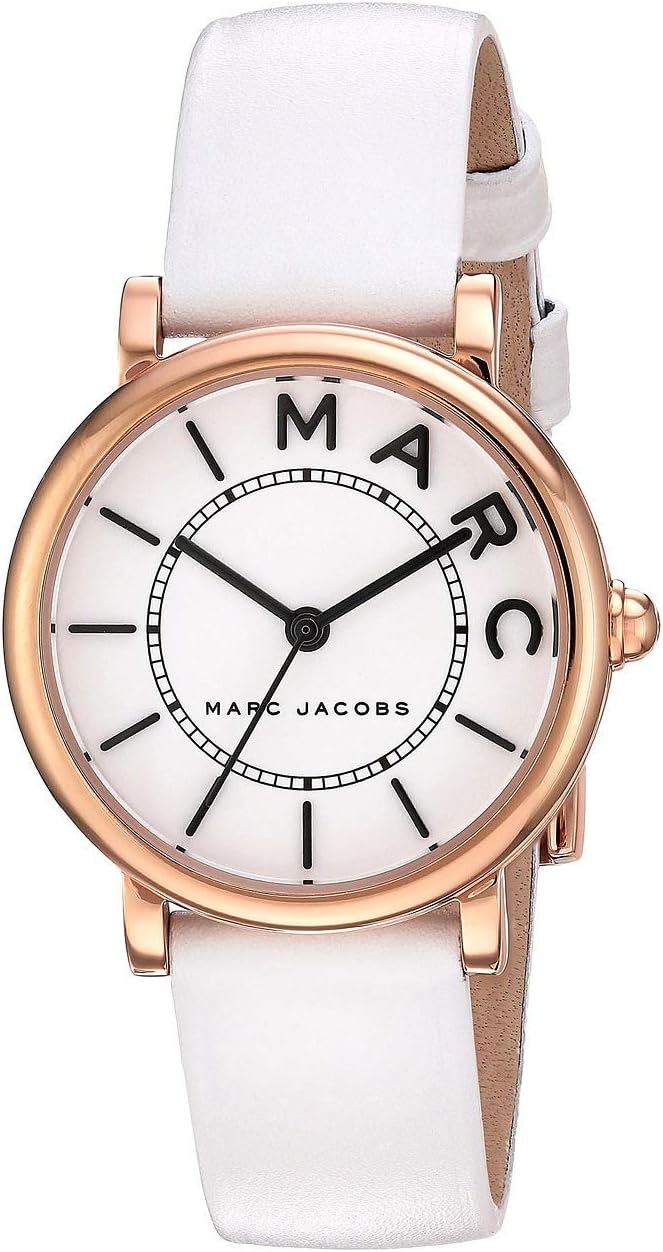 Marc Jacobs Roxy white dial watch with rose gold case and white leather strap