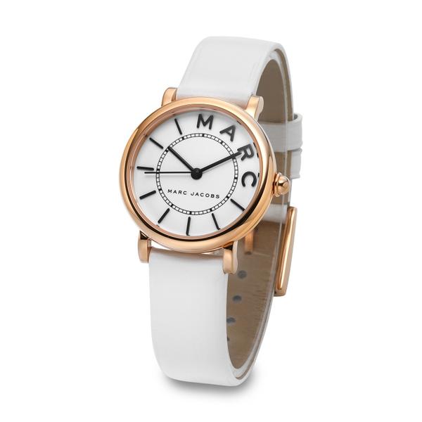 Side view of Marc Jacobs Roxy watch with white strap and rose gold bezel