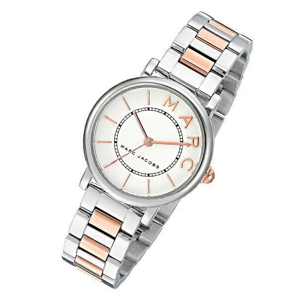Angled view of Roxy watch displaying white dial and mixed metal strap design