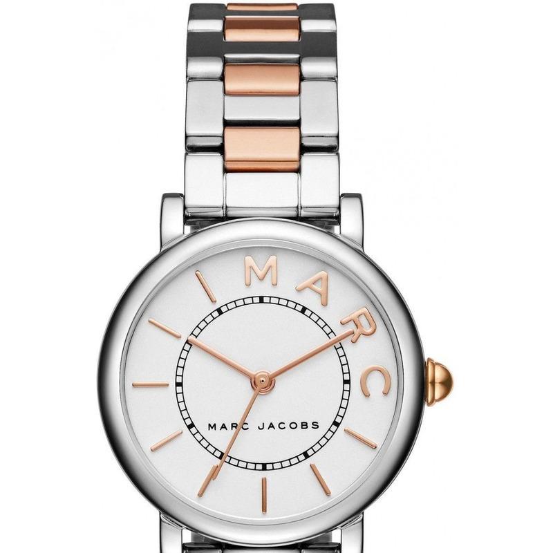 Close-up of Roxy watch dial with Marc Jacobs logo and rose gold hour markers
