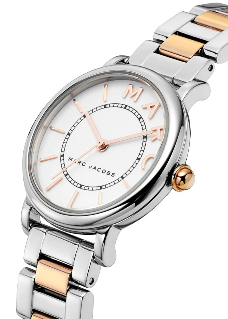 Side profile of Marc Jacobs Roxy watch with two-tone steel bracelet
