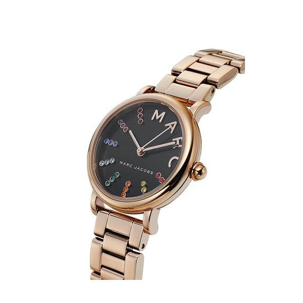 Marc Jacobs Roxy watch at angle showing rose gold case, black dial, and bracelet strap