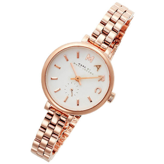 Sally women's watch angled view with white dial and rose gold hands