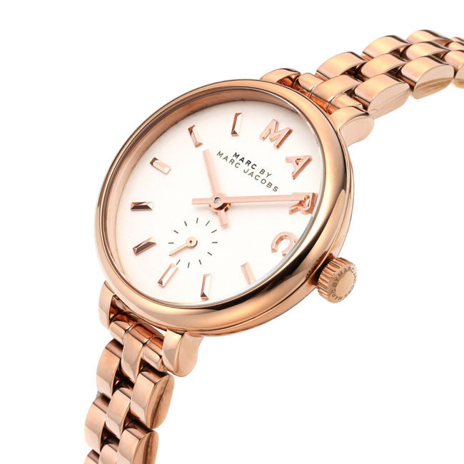 Sally watch side angle showing 28mm rose gold case and bracelet