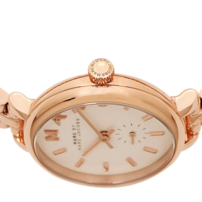 Close-up of Sally watch dial showing applied rose gold indices and subsidiary dial