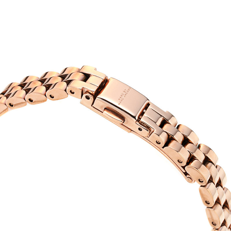 Sally watch rose gold link bracelet close-up showing clasp and adjustment holes